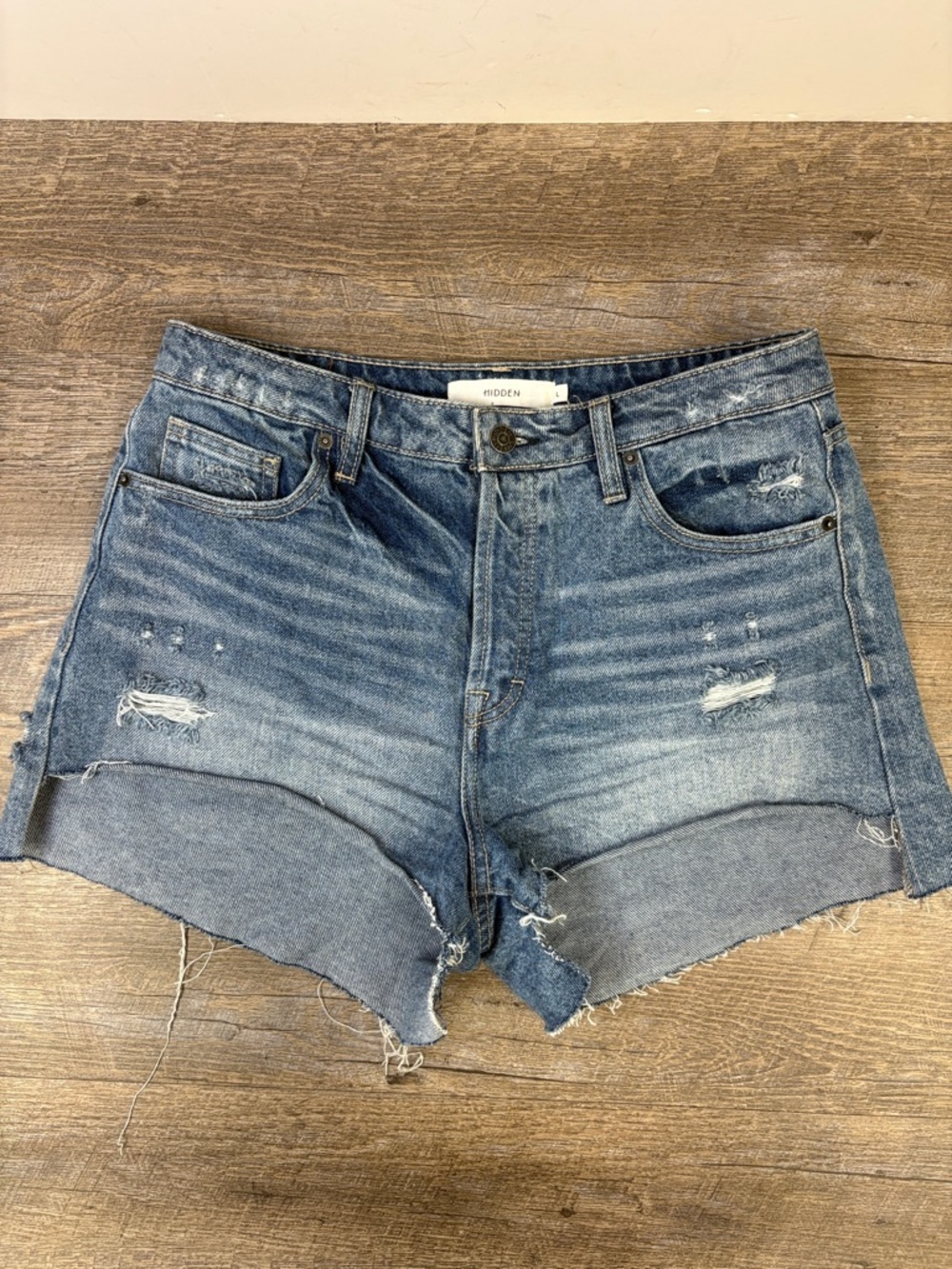 Hidden Distressed Denim Shorts High Rise Cutoff Medium Wash Size Large